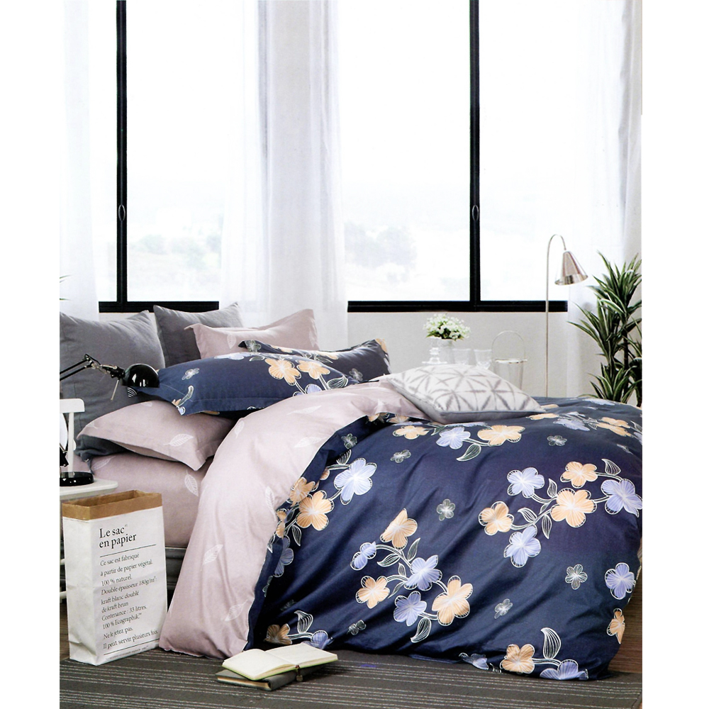 Nude Blue Floral King Size Bed Sheet With 2 Pillow Cover