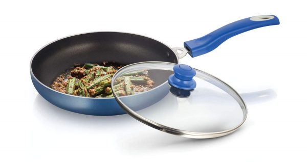 DeviDayal l Black Non Stick Soft Touched Blue Handle Fry Pan with Glass Lid-(240 Mm)