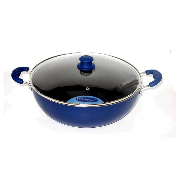 DeviDayal l Non Stick Soft Touched Blue Handle Kadai with Glass Lid (240Mm)