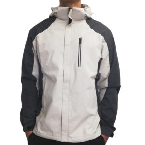 Men Two Tone Multi Paneled Front Zip Water Resistance / Wind Breaker Jacket With Detachable Hoodie-Off White & Grey