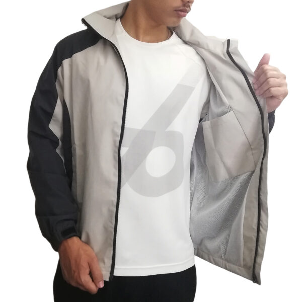 Men Two Tone Multi Paneled Front Zip Water Resistance / Wind Breaker Jacket With Detachable Hoodie-Off White & Grey - Image 2