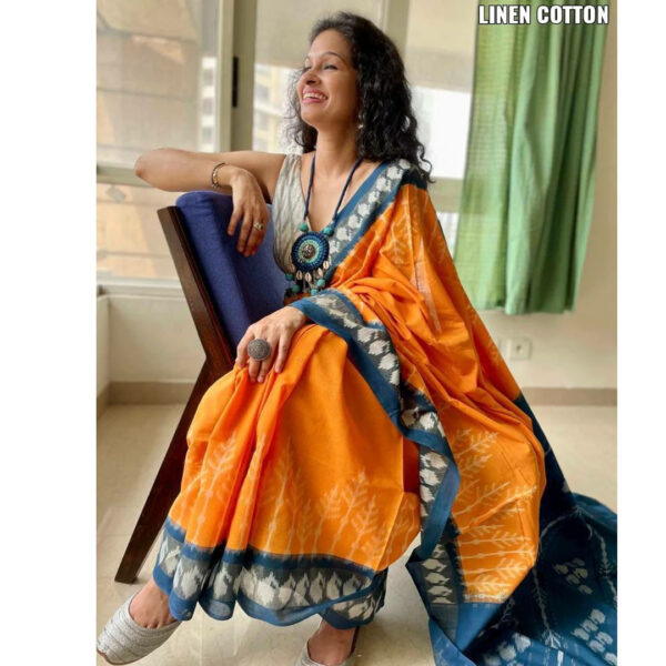 Premium Soft Plain Lenin Cotton Orange  With Ikkat Print Border Saree With Blouse