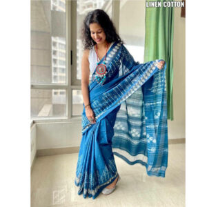 Premium Soft Plain Lenin Cotton Blue  With Ikkat Print Border Saree With Blouse