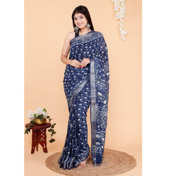 Premium Indigo Soft Cotton Lenin Ikat Block Pattern Women Saree With Silver Zari Border With Matching Blouse