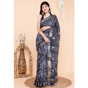 Premium Batik Soft Ash Grey Cotton Lenin Ikat Block Print Women Saree With Silver Zari Border With Running Matching Blouse