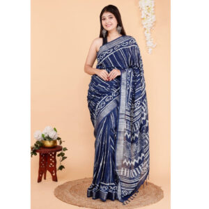 Premium Indigo Soft Cotton Lenin Ikat Lining Block  Pattern Women Saree With Silver Zari Border With Matching Running Blouse