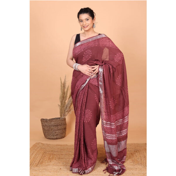 Premium Vermillion Red Women Soft Lenin Cotton Ikat Block Printed With Silver Zari Border Saree With Blouse