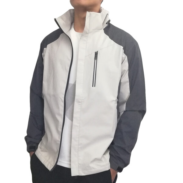 Men Two Tone Multi Paneled Front Zip Water Resistance / Wind Breaker Jacket With Detachable Hoodie-Off White & Grey - Image 4