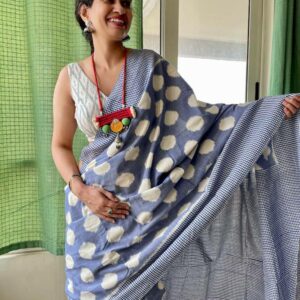 Premium Soft Plain Lenin Cotton Steel Blue With White Polka Dot  Ikkat Print Border Saree With Running  Blouse