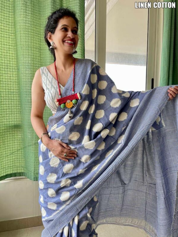 Premium Soft Plain Lenin Cotton Steel Blue With White Polka Dot  Ikkat Print Border Saree With Running  Blouse - Image 2