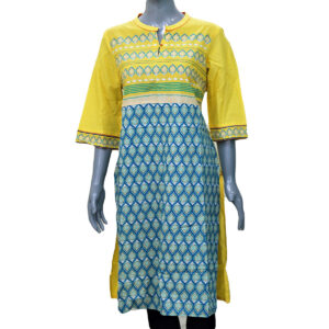 Aurelia Lemon Yellow Blue Block Multi Color Soft Pure Cotton Women Kurti – XL Size