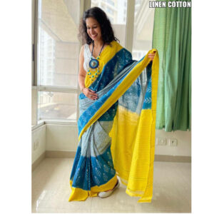 Premium Soft Plain Lenin Cotton Multicolor  With Ikkat Print Border Saree With Blouse