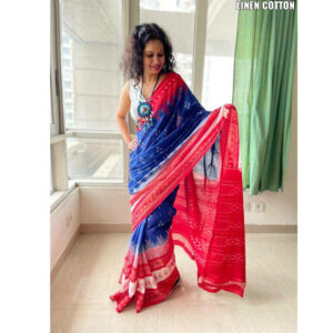 Premium Soft Plain Lenin Cotton Blue  With Red Ikkat Print Border Saree With Blouse