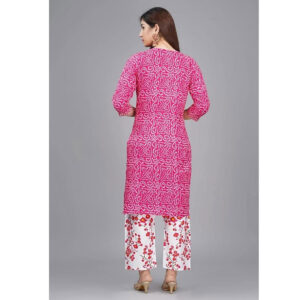 Pink Chuniri Printed Cotton With Heavy Neck Jari work Kurti And Bottom Set- Large