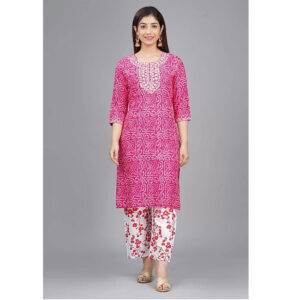 Pink Chuniri Printed Cotton With Heavy Neck Jari work Kurti And Bottom Set- Large