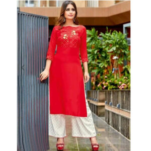 Scarlet Red Thread Embroidery Work Women Kurti With White Block Palazzo Pant Set- Large Size